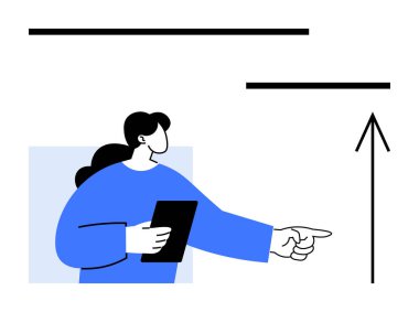 Tablet tutan ve yukarı doğru uzanan parmağıyla işaret eden kişi. Liderlik, yön, ilerleme, iş stratejisi, motivasyon, rehberlik, planlama için ideal. Satır metaforu