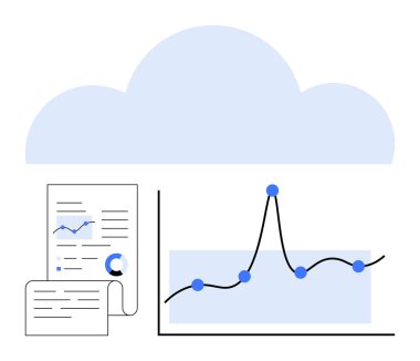 Mavi bulut, veri grafikleri ve grafikleri analitik ve dijital depolama çözümlerini sembolize eder. Bulut teknolojisi, veri analizi, iş büyümesi, modern altyapı, teknolojik çözümler, dijital