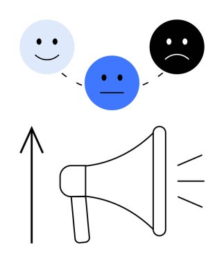 Mutlu, nötr ve üzgün yüzler yukarıda, megafon aşağıda ses çizgileri yayıyor, yukarı doğru ok. Müşteri geribildirim, iletişim, anketler, konuşma davranışları için idealdir.