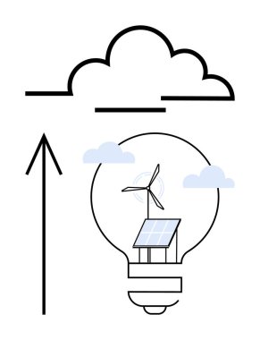 Güneş paneli ve rüzgar türbini kaplayan ampul, bir bulutu işaret eden ok. Sürdürülebilir enerji, çevre dostu projeler, yeşil teknoloji, yenilenebilir kaynaklar, yenilik, çevre