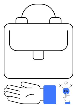 Evrak çantası işi sembolize ediyor, yardım eli uzatmayı ve İnsan Kaynakları desteğini simgeliyor. İş, yardım, İnsan Kaynakları, takım çalışması, ağ ortaklığı temaları için ideal. Çizgi