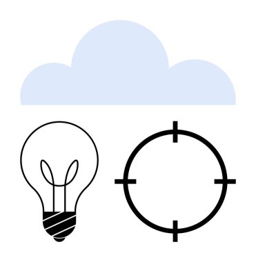 Ampul yeniliği simgeliyor, hedef hassasiyeti temsil ediyor, tepede mavi bulut simgesi var. Teknoloji, bulut hesaplama, yaratıcılık, hedef belirleme, stratejik planlama, yenilik süreçleri için ideal
