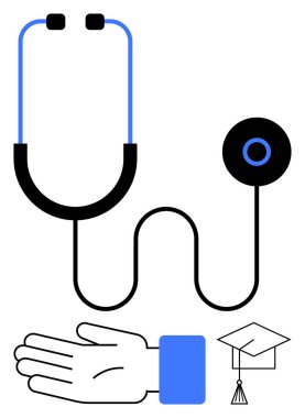 Steteskop, el ve mezuniyet şapkası. Tıp eğitimi, eğitim, sağlık hizmetleri, öğrenci başarısı, profesyonel rehberlik akademik başarı eğitimi için idealdir. Satır metaforu