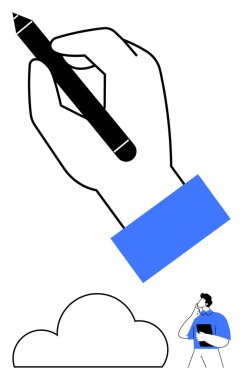 Elinde kalem, altında küçük bir adam figürü olan bir bulut çiziyor. Düşünceli görünüyor. Yaratıcılık için ideal, ilham, planlama, hayal gücü, beyin fırtınası, tasarım kavramları stratejik