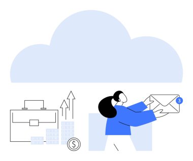 İş kadını elinde bir zarf, evrak çantası, grafik ve dolar işareti var. İş iletişimi için ideal, bulut depolama, mali büyüme, dijital pazarlama, profesyonel ağ