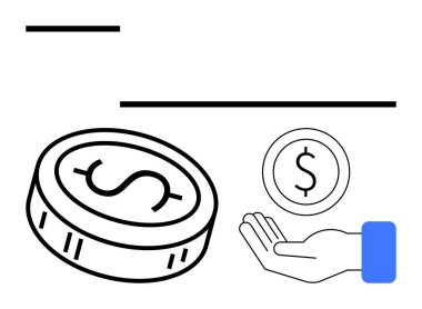 El, mali alışverişleri ve gelir üretimini gösteren büyük ve küçük madeni paralar alıyor. Finans, bankacılık, işlemler, tasarruflar, ekonomik büyüme, iş kavramları ve bağış toplama için ideal