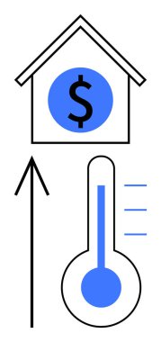 Dolar işareti olan bir ev, yukarı ok, termometre. Gayrimenkul, mali büyüme, piyasa eğilimleri, ekonomik tahminler, yatırım enflasyonları konut ekonomisini etkiler. Satır metaforu