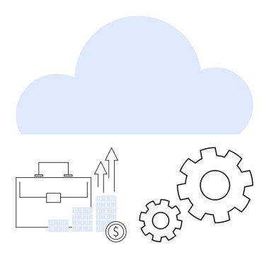 İş çantası, yukarı bakan grafikler, bozuk para ve bulut altındaki dişli çarklar. Ticari büyüme, bulut hesaplama, veri depolama, mali ilerleme, iş akışı yönetimi teknik entegrasyonu için ideal