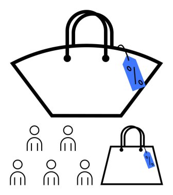 Üzerinde mavi indirim etiketi olan büyük bir alışveriş çantası ve daha küçük bir çanta. Etrafında altı tane çöp adam var. Perakende, alışveriş, satış, indirim, tüketici davranışı, pazarlama stratejileri, tanıtım stratejileri için ideal