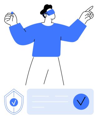 Sanal gerçeklik kulaklığı takan kişi güvenlik elemanları ve kontrol işaretleriyle çevrili dijital arayüzlere bağlanıyor. Teknoloji, siber güvenlik, veri analizi, sanal gerçeklik ve kullanıcı için ideal