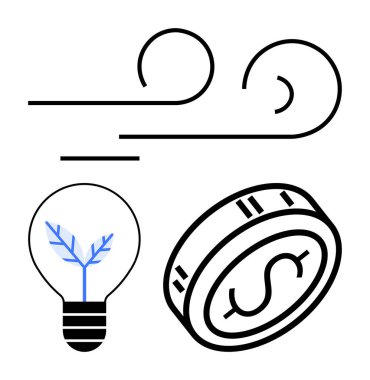 Rüzgar fırtınası, içinde bitki olan çevre dostu bir ampul ve dolar işareti olan bir bozuk para. Yeşil enerji, finansal büyüme, yenilik, çevresel koruma, sürdürülebilir kalkınma, temiz