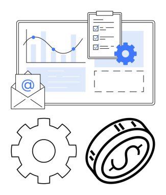İş analizi paneli, vites simgeleri, sembollü e-posta, panodaki finansal veriler ve dolar parası. İş, finans, teknoloji, veri analizi proje yönetimi e- postası için ideal