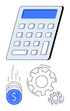 Mavi ekranlı hesap makinesi, parayı simgeleyen bozuk paralar ve süreçleri ve verimliliği gösteren vitesler. Finans, muhasebe, bankacılık, bütçe, iş stratejisi, yatırım ve ekonomi için ideal