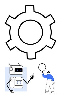 Siyah ekranlı ve el hareketleriyle vites sembolü olan robot, elinde dairesel kart tutan kişi. Teknoloji, yapay zeka, otomasyon, insan-robot etkileşimi, mühendislik, yenilik, fütüristik için ideal. Satır metaforu