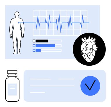 Kalp atış hızı grafiği olan insan figürü, anatomik kalp çizimi, ilaç şişesi ve onay kutusu. Sağlık uygulamaları, tıbbi teşhisler, sağlık denetimi, teletıp, hasta için ideal