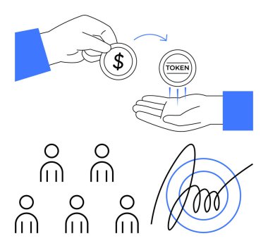 Hand giving dollar coin receiving token in return, 6 anonymized people icons, and signature. Ideal for blockchain, cryptocurrency, transactions, exchanges, investments, digital wallets. Line clipart