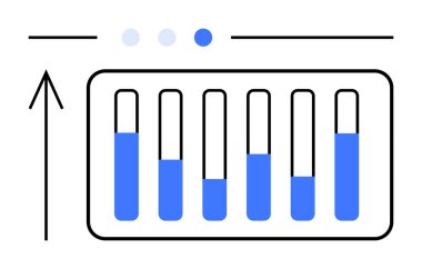 Grafiğin içindeki mavi çizgi grafikleri artırmak, yukarı doğru ok büyümeyi simgeliyor, bir tarafta üç küçük mavi nokta. İş büyümesi, veri analizi, performans takibi, mali tahminler için ideal