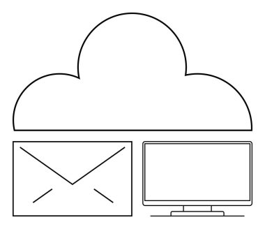 Bir zarfın üzerindeki bulut ve bilgisayar monitörü bulut depolama ve çevrimiçi iletişimi temsil ediyor. Veri depolama, dijital iletişim, e-posta hizmetleri, bulut hesaplama, teknoloji, internet için ideal