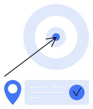 Ok hedefi tam ortasından vuruyor, konum pimi, işaret, açık mavi tonlar. Hedef belirleme, kesinlik, başarı, navigasyon başarısı hedefleri için idealdir.