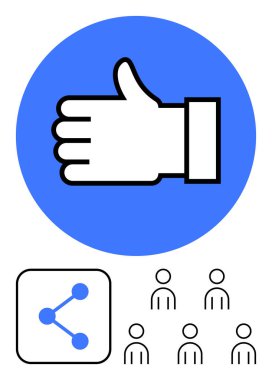 Mavi dairenin içinde parmaklar yukarı, üç yuvarlak nokta ve çizgi ile simge paylaşımı, altı kullanıcı figürü. Sosyal medya, topluluk, ağ kurmak, onaylamak, içeriği paylaşmak, takım çalışması için idealdir. Çizgi