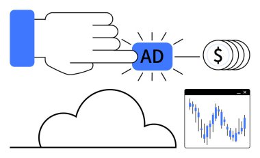 Devasa bir el AD tuşuna basar, dijital reklam paralarını temsil eder gelir bulutu finansal grafiğini yükselen verilerle temsil eder. Pazarlama, finans, bulut hizmetleri, teknolojik gelişmeler için ideal