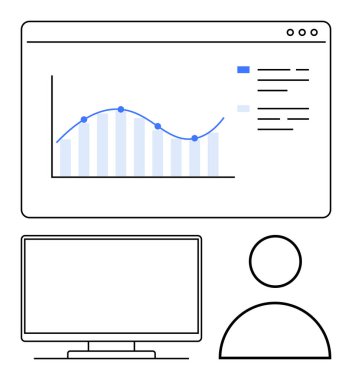 Kullanıcı profili simgesi ve grafiğiyle veri analizi grafiğini gösteren bilgisayar ekranı. Veri analizi, iş raporları, piyasa araştırmaları, teknik çözümler, sunumlar, e-öğrenme, kullanıcı katılımı için ideal