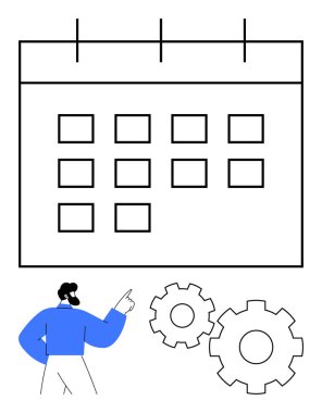 Geniş bir takvimi işaret eden kişi, görev yönetimi, organizasyon ve stratejiyi gösteren dişliler. Proje planlaması, iş takvimi, üretkenlik, zaman yönetimi, iş akışı için ideal