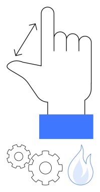 Hand making a pinching gesture with two arrows, accompanied by a flame and two gears. Ideal for user interface, control settings, customization, technology, precision, industrial processes, safety clipart