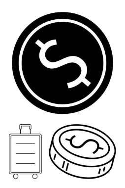 Dairesel tasarımda dolar para sembolü, sapı ve yan çizgileri olan bavul, ve eğik para. Finansal eğitim, bankacılık malzemeleri, seyahat tasarrufu, iş rehberleri, yatırım broşürleri için ideal