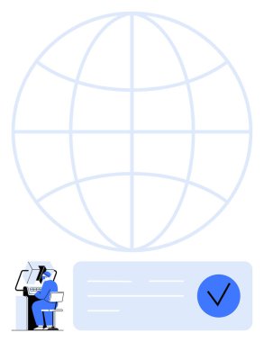 Küresel bir kürenin önündeki kontrol işaretli bir bilgisayarda çalışan kişi. Dijital güvenlik, küresel işlemler, uzaktan çalışma, çevrimiçi kimlik doğrulama, dünya çapında iletişim için ideal