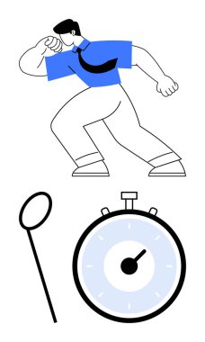 İş adamı kronometre büyüteç. Zaman yönetimi, verimlilik, üretkenlik, analiz, iş, hedefler için son tarih metaforu