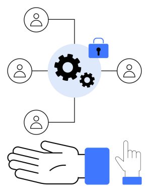 El, işaret eden parmak, dişliler, kilit, dört kullanıcı simgesi çizgiler üzerinden birbirine bağlı. İşbirliği, güvenlik, iş akışı ağı ağ erişim kontrol kullanıcı yönetimi için idealdir. Satır metaforu