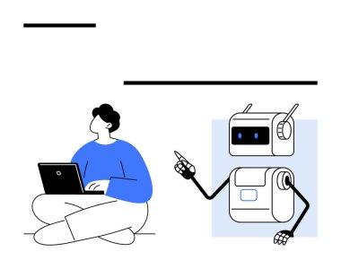 Dost canlısı bir robotla birlikte dizüstü bilgisayarı olan kişi yukarıya bakıyor. Teknolojik yenilik, işbirliği, yapay zeka, insan-robot etkileşimi, verimlilik, fütüristik çalışma alanları, takım çalışması için ideal. Çizgi