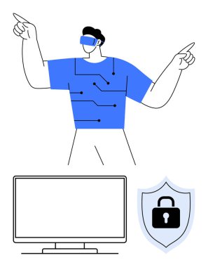 VR kulaklık takan adam farklı yönlere bakıyor. Bitişik monitör ve asma kilitli kalkan. Sanal gerçeklik, siber güvenlik, teknoloji, dijital yenilik, gelecekteki teknoloji eğilimleri, bilişim