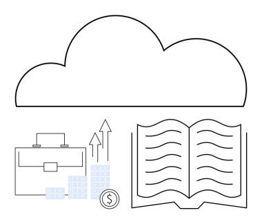 İş çantasının üstünde bulut simgesi, finansal büyüme tablosu, bozuk para ve açık kitap. Dijital depolama, işletme, finans, eğitim teknolojisi veri yönetimi için ideal. Satır metaforu