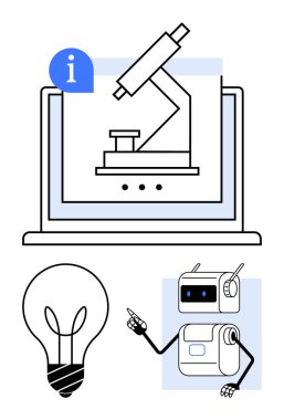 Dizüstü bilgisayar ekranında mikroskop, fikirleri temsil eden ampul, teknolojiyi vurgulayan robot tutucu. Eğitim, yenilik, STEM öğrenimi, araştırma, yaratıcılık ve bilim için ideal