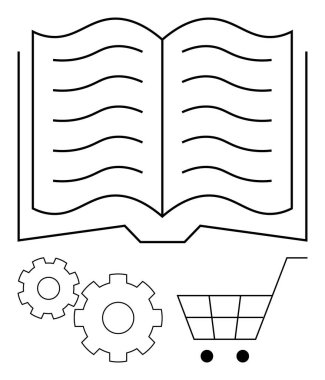 Dalgalı çizgileri olan açık bir kitap, teknolojiyi gösteren iki vites ve bir alışveriş arabası. Eğitim, teknoloji, ticaret, bilgi, endüstri e-ticaret yenilik temaları için idealdir. Satır metaforu