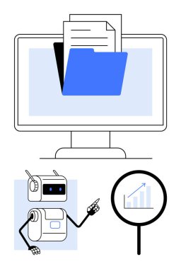 Mavi dosya ve belgeler monitörde. Robot içinde grafik olan büyüteci işaret ediyor. Teknoloji, veri yönetimi, yapay zeka, iş analizleri, araştırma, dijital depolama, otomasyon için ideal. Çizgi
