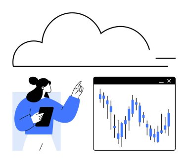 Businesswoman pointing to a large cloud with a tablet in hand, alongside a stock market chart. Ideal for finance, cloud computing, data analysis, business strategies, stock market education clipart