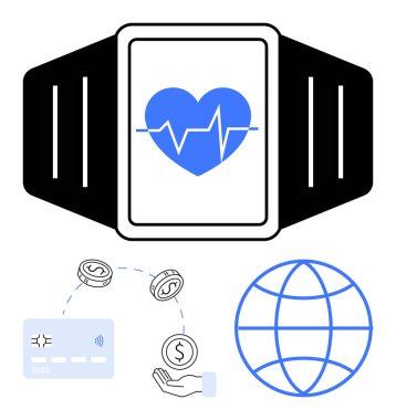 Kalp atış hızı, elden ele geçen paralar ve dünya ana hatlarını gösteren akıllı seğirme. Fitness, sağlık hizmetleri, ödemeler, giyilebilir teknoloji, küresel bağlantı finans e-ticaret için ideal. Çizgi