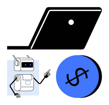 Dizüstü bilgisayar robotu işaret ediyor ve dolar sembolü. Teknoloji, finans, otomasyon, yapay zeka, eğitim, robotik, dijital ekonomi hattı metaforu için ideal