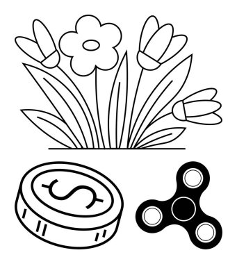 Bozuk para ve kıvrımlı siyah beyaz çizgili çiçek bahçesi. Finansal büyüme, rahatlama, doğa, yatırım, hobiler, eğitim ve faaliyetler için idealdir. Satır metaforu