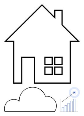 Veri analizini temsil eden bulut simgesi ve bar tablosu olan ev çizgisi. Teknoloji entegrasyonu, akıllı evler, IOT, bulut hizmetleri, veri yönetimi, ev otomasyonu, bağlantı için ideal. Çizgi