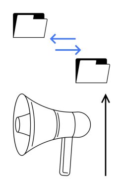 Dizinler mavi oklarla veri alışverişinde bulunurken megafon projeleri yukarı doğru gidiyor. İletişim, veri transferi, işbirliği, bilgi paylaşımı, dijital medya, teknoloji ve bağlantı için ideal. Satır metaforu