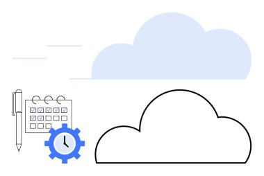 Kontrol işaretleri, kalem, saat teçhizatı ve bulutlu takvim. İş planlama, programlama, bulut hizmetleri, verimlilik dijital organizasyonu proje yönetimi veri depolaması için idealdir. Satır metaforu