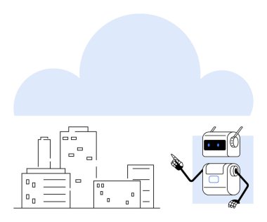 Modern şehir manzarası büyük bulut şeklinin altında fütüristik robot hareketleriyle. Teknoloji için ideal, bulut hesaplama, yapay zeka, robotik, otomasyon, kentleşme, yenilik. Çizgi