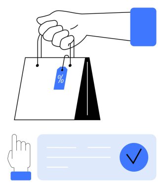 İndirimli etiketli bir alışveriş poşeti seçilmiş el simgesi ve işaretli bir sembol. Çevrimiçi alışveriş, ecommerce, satış, tüketici davranışı, dijital pazarlama, promosyonlar için ideal