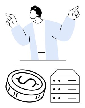 Sunucu rafının üstünde el kol hareketi yapan ve para yerine dolar işareti olan bir adam. İş, finans, teknoloji, yatırım, veri depolama, liderlik ve sunumlar için ideal. Satır metaforu