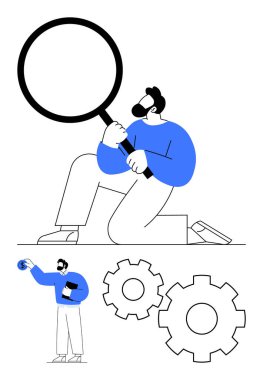 Büyük bir büyüteç tutan adam diz çöker, küçük bir vites tutan başka bir adam ve iki büyük vites. İş, teknoloji, analiz, mekanik, takım oluşturma, yenilikçi problem çözme için ideal