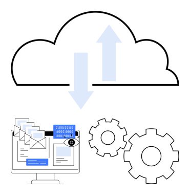 Okları olan bulut simgesi, zarfları gösteren bilgisayar, ikili kod ve iş akışını temsil eden iki vites. Veri transferi, bulut hesaplama, otomasyon, dijital iletişim, veri için ideal